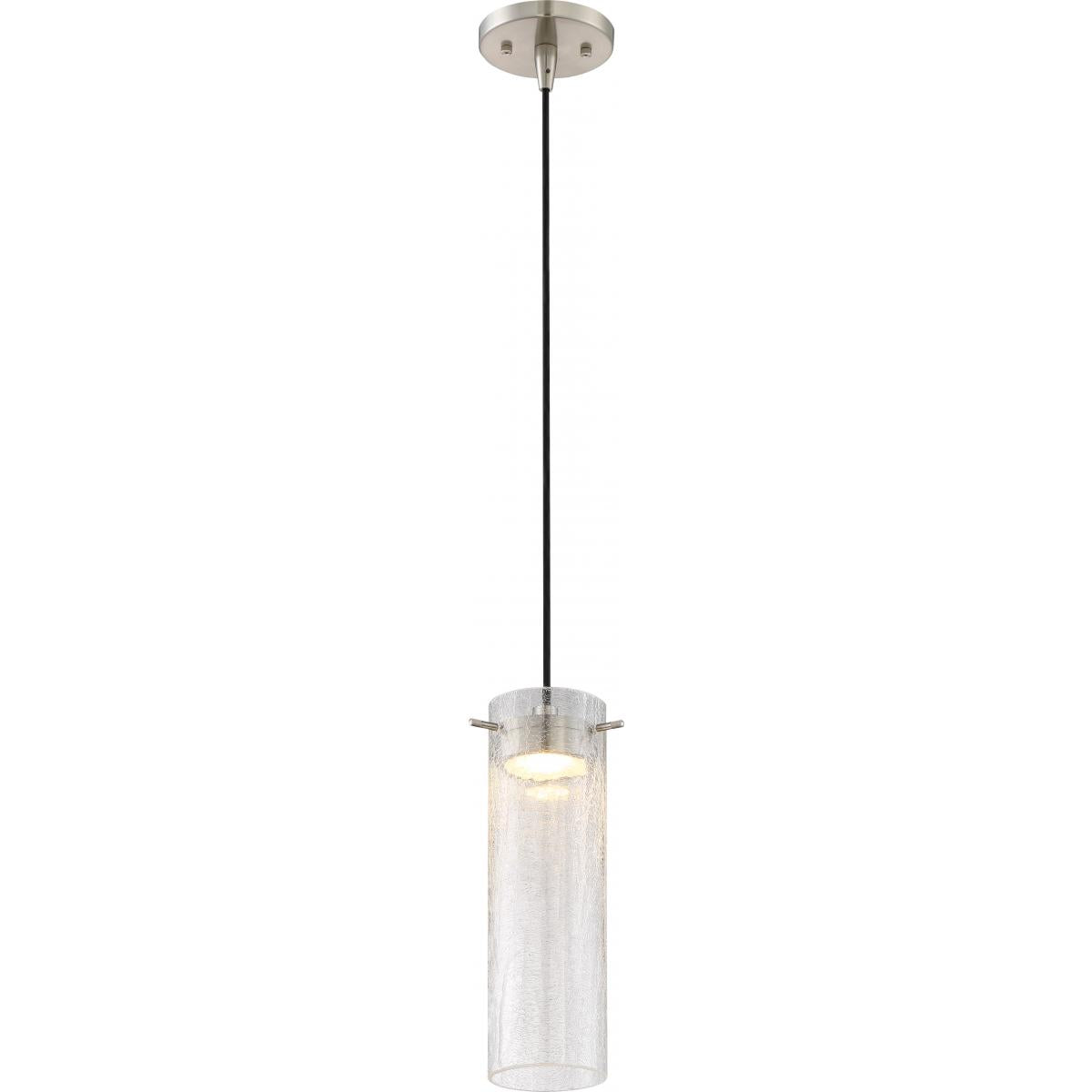 Nuvo 62-952 Pulse 1-Light LED Mini Pendant, Brushed Nickel, Clear Crackle Glass, 3000K, Dimmable