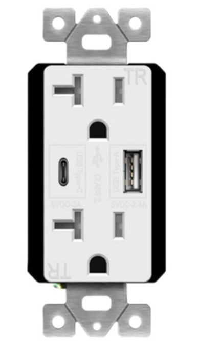 Enerlites 62001-TR2USB-1A1C-W 20A Dual USB Type-C/Type-A Charger 5.8A W/ Tamper Resistant Duplex Receptacles, White Finish