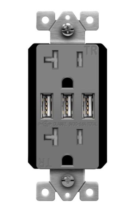 Enerlites 62001-TR3USB-CC-GY 20A Triple USB Charger 5.8A W/ Tamper Resistant Duplex Receptacles, Gray Finish