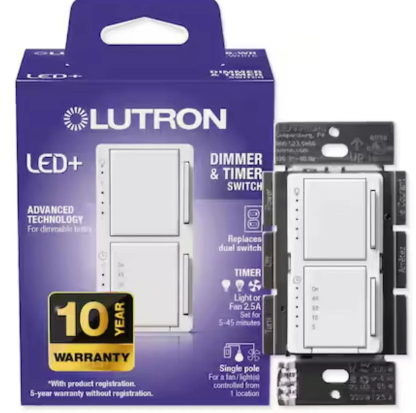 Lutron MACL-L3T251B-WH Maestro LED+ Dual Dimmer and Timer Switch, 75-Watt LED Bulbs/2.5 Amp Fans, Single-Pole, White