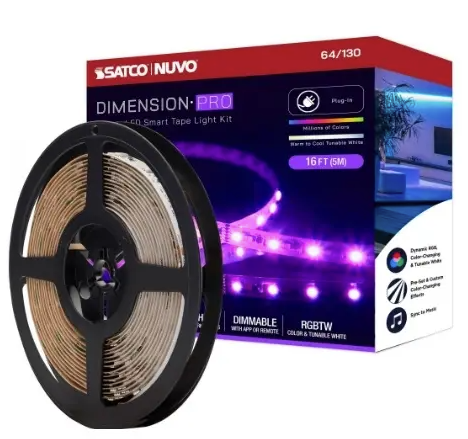 Nuvo 64-130 16-ft Dimension Pro Tape Light, Wattage 18W, Lumens 1920 lm, Voltage 24V, Color Temperature 2700K, RGB