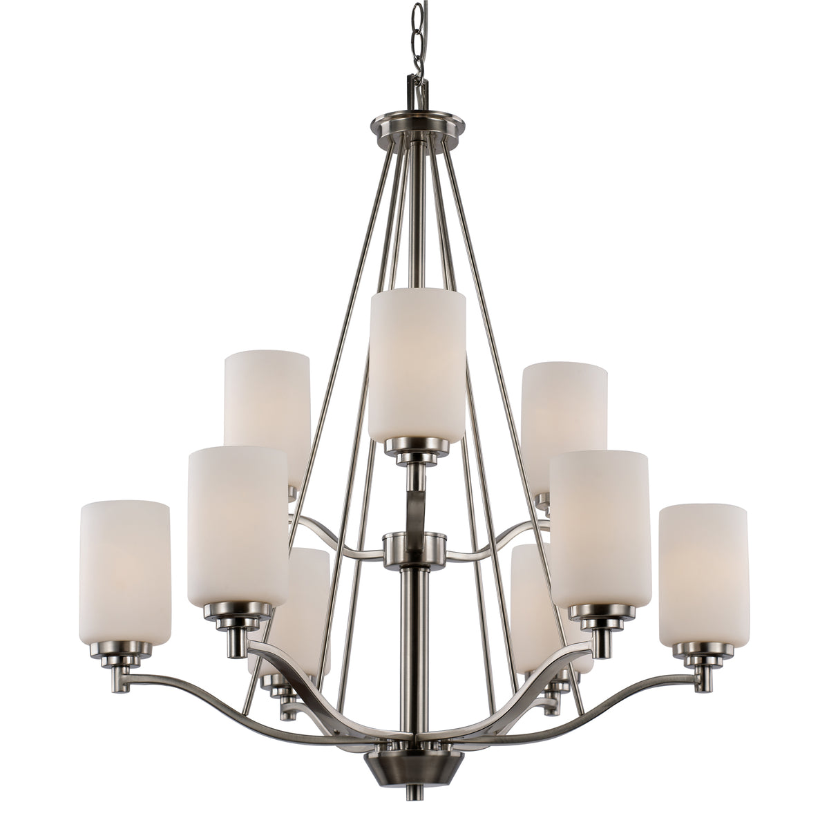Trans Globe Lighting Mod Pod 9 light brushed nickel chandelier with white frost glass shades