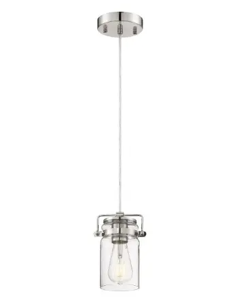 Nuvo 60-6734 Antebellum LED Mini Pendant Fixture w/ Clear Glass, 1 Light, Wattage 60W, Polished Nickel