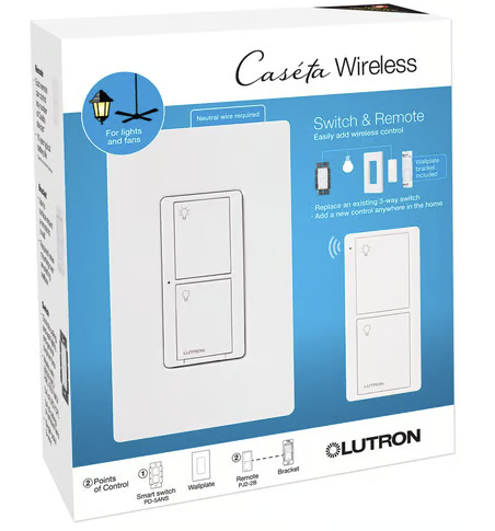 Lutron P-PKG1WS-WH Caseta Smart Switch 3 Way Kit, with Remote/Bracket, for All Bulbs or Fans, 5A/Neutral Wire Required, White
