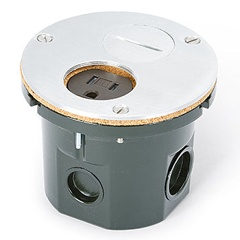 Lew Electric 812-DA-SP-A Flush Mounted Round Floor Box, One 15A Duplex, 2 Screw Plugs Finish Aluminum