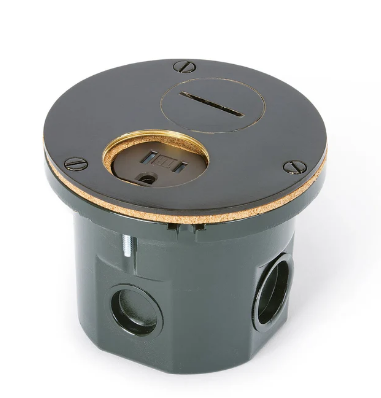 Lew Electric 812-DA-SP-DB Flush Mounted Round Floor Box, One 15A Duplex, 2 Screw Plugs, Dark Bronze Finish