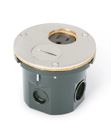 Lew Electric 812-DA-SP-NS Flush Mounted Round Floor Box, One 15A Duplex, 2 Screw Plugs, Nickel Finish