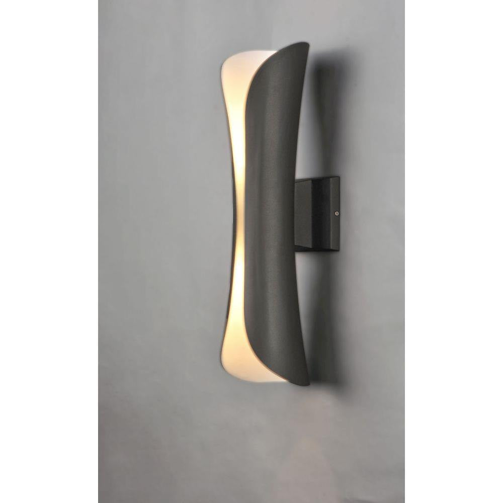 Maxim Lighting 86146ABZ Scroll LED Outdoor Wall Sconce illuminated on gray wall - side angle view