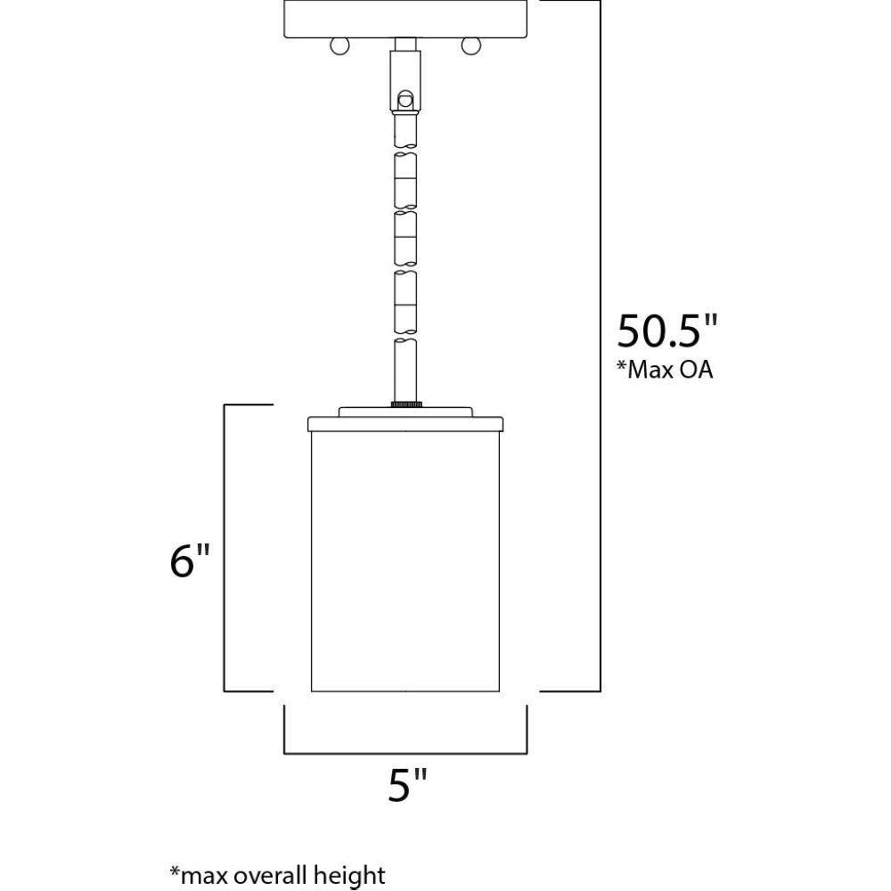 Maxim Lighting 90200FTSN Corona Mini Pendant dimension diagram showing 5 inch width, 6 inch shade height, and 50.5 inch max overall height