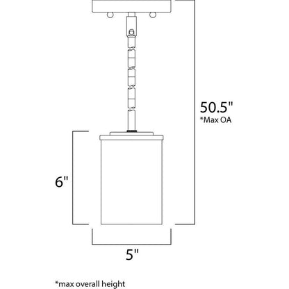 Maxim Lighting 90200FTSN Corona Mini Pendant dimension diagram showing 5 inch width, 6 inch shade height, and 50.5 inch max overall height
