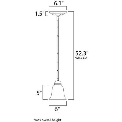 Maxim Lighting 91011FTPC Basix Mini Pendant Dimensions Diagram - 6 inch width, 5 inch height, 52.3 inch max overall height