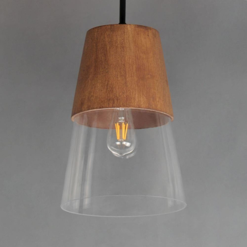 Maxim Lighting 91622CLWNBK Carpenter Mini Pendant close-up detail of walnut wood cap and clear glass shade