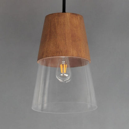 Maxim Lighting 91622CLWNBK Carpenter Mini Pendant close-up detail of walnut wood cap and clear glass shade