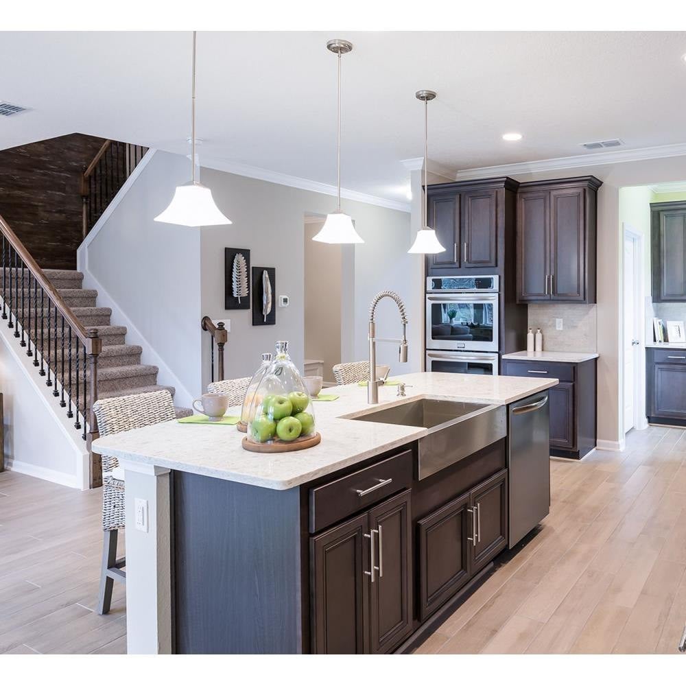 Maxim Lighting 92090FTSN Aurora Satin Nickel Mini Pendant Ceiling Lights installed over a kitchen island in a modern home