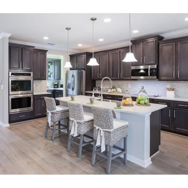 Maxim Lighting Aurora Mini Pendant lifestyle shot in kitchen island setting - Satin Nickel finish