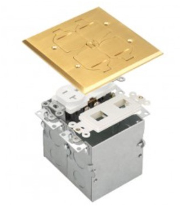 Enerlites 975549-C-D Two-Gang Brass Flip Lid 20A Floor Box Tamper-Weather-Resistant Duplex Receptacle & Datacom Module