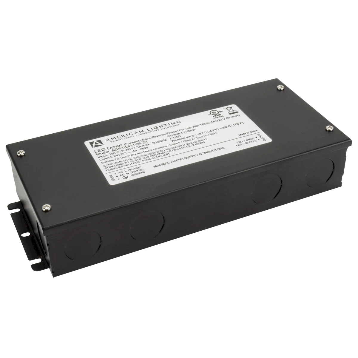 American Lighting ADPT-DRJ-96-24 Adaptive Driver with Enclosed Leads and Knockouts 96 Watts 24V DC, 100-277V AC, Class 2 With Phase Dimming / MLV / ELV / TRIAC 0-10V