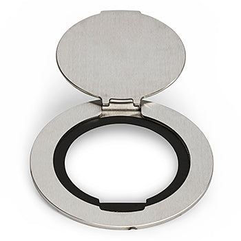 Lew Electric MOI4-SLB-P2-C5-BR-AHC Customizable Dual Service Round Concrete Box, round, flush to concrete floor box , (2) single receptacle & (5) communication openings, Brass Finish, Articulated Hinged Cover