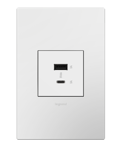 Legrand ARUSB2AC6W4 Adorne 15W USB Type A/C Outlet, White Finish, Built-In USB Charging Receptacle