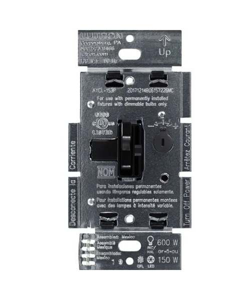 Lutron AYCL-153PH-BL Ariadni LED+ Dimmer Switch – 150W LED, Single Pole/3-Way, No Neutral Required, 120V, Black Finish