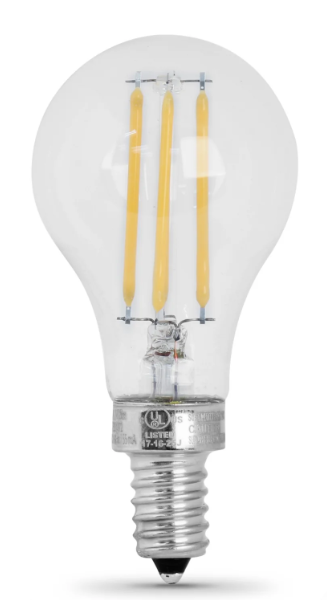 Feit Electric BPA1575C/827/FIL/2 75W Replacement A15 Candelabra Base Dimmable Soft White Glass Filament Color Temperature 2700K, Wattage 8W, Voltage 120V Pack 2