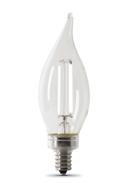 Feit Electric BPCFC40927CAWFIL/4 40W Replacement Soft White Flame Tip B10 E12 Base Exposed White Filament LED Bulb, Color Temperature 2700K, Wattage 3.3W, Voltage 120V - 4 Pack