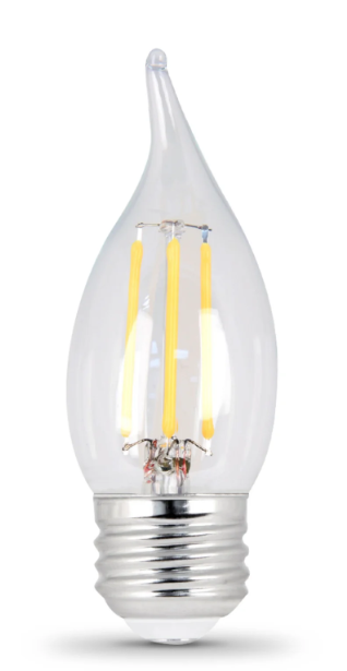 Feit Electric BPEFC25/927CA/FIL/2 25W Replacement CA10 Dimmable Soft White Decorative LED Filament Enhance Color Temperature 2700K, Wattage 2.2W, Voltage 120V Pack 2