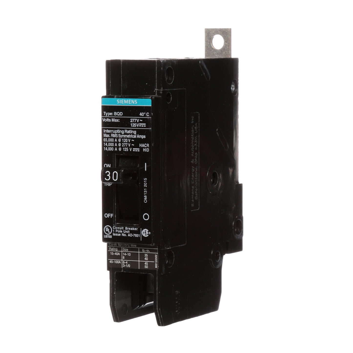 Siemens BQD130 1-Pole 30 Amp 277 VAC 14 kA Circuit Breaker