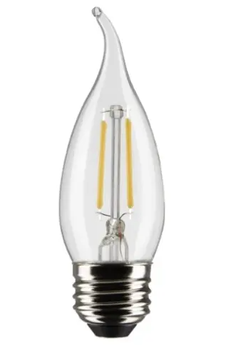 SATCO S21848 LED CA10 Bulb, Flame Tip, E26, Wattage 3W, Lumens 250 lm, Voltage 120V, Color Temperature 2700K, Clear, 2PK