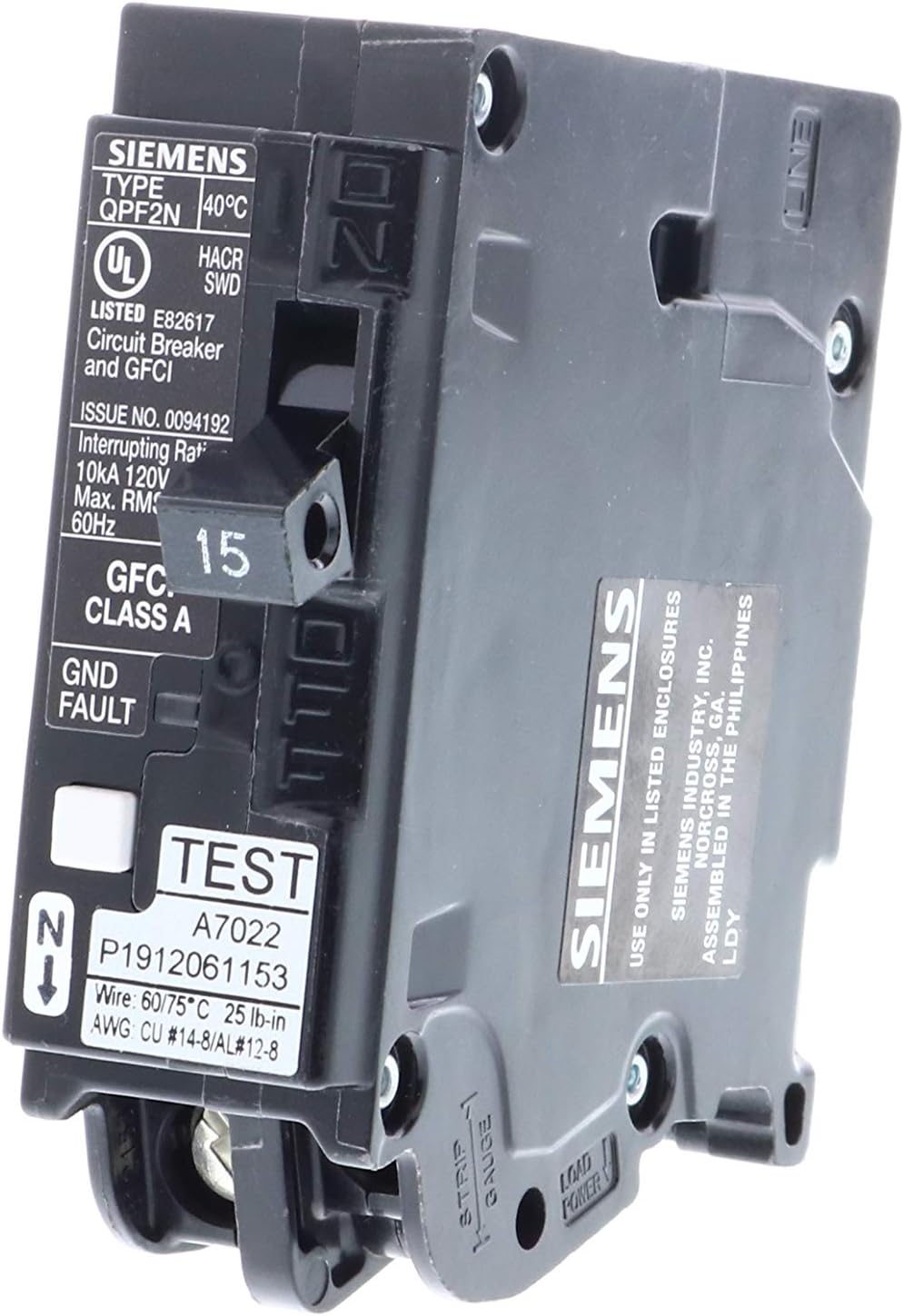Siemens QF115AN 15 Amp 1-Pole GFCI Plug-On Neutral Circuit Breaker