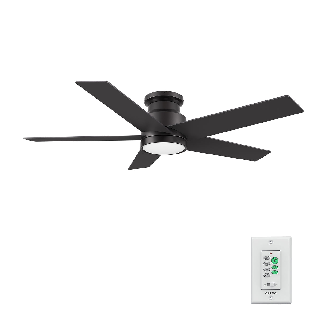 Carro USA CFW525E5-L11-B2-1-FM 52 inch 5-Blade Flush Mount Ceiling Fan with LED Light & Wall Control - Fixture Finish: Black - Blade Finish: Black