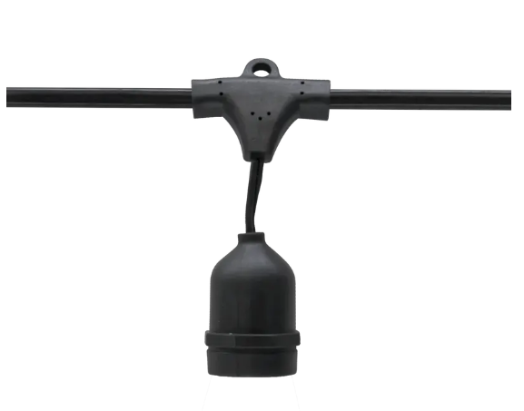 American Lighting CGLS-MS-24-100-BK 100' Light String – Medium Base, 2' Socket Spacing, Suspended Sockets, 14AWG SJTW Black Wire, 2-Prong Male Plug
