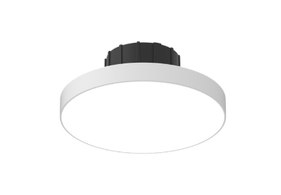 4" round white LED downlight with black trim, DMF Lighting DRD5S4R10927O, surface mount, dimmable, 2700K, 90+ CRI.
