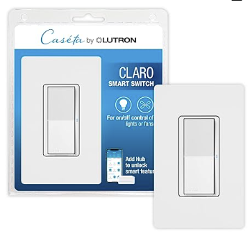 Lutron DVRFW-5NS-WH-A Claro Smart Light Switch w/ Wall Plate for Caseta Lighting, for LED Lights, Fans, 5 Amp, Single-Pole/3-Way, Neutral Required, White