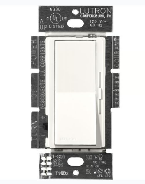 Lutron DVSCF-103P-BW Lutron Diva 3-Wire Dimmer Switch for Ballasts & LED Drivers, 1000W/8A, Single Pole/3-Way, 120V, Brilliant White Finish