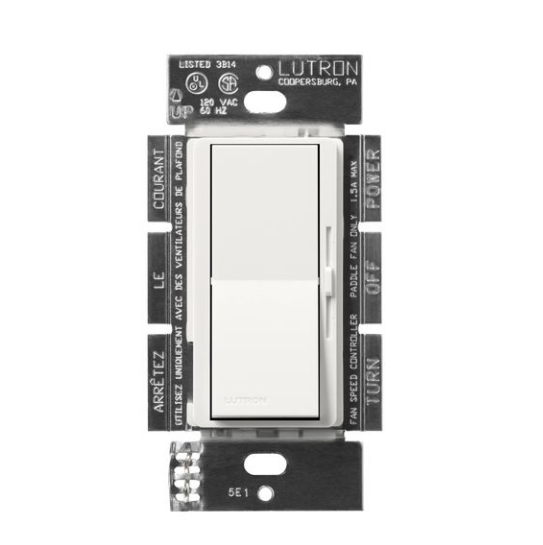 Lutron DVSCFSQ-F-RW Diva 3-Speed Fan Control Switch, 1.5A, Single-Pole/3-Way, No Neutral Required, 120V, Architectural White