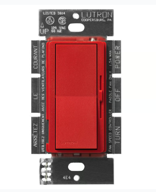 Lutron DVSCFSQ-F-SR Diva 3-Speed Fan Control Switch, 1.5A, Single Pole/3-Way, No Neutral Required, 120V, Signal Red