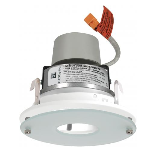 ELCO Lighting E412R0830C 4" LED Module & Driver with Drop Glass Trim 11.4W, 850lm , 3000K, Chrome with White Trim Finish