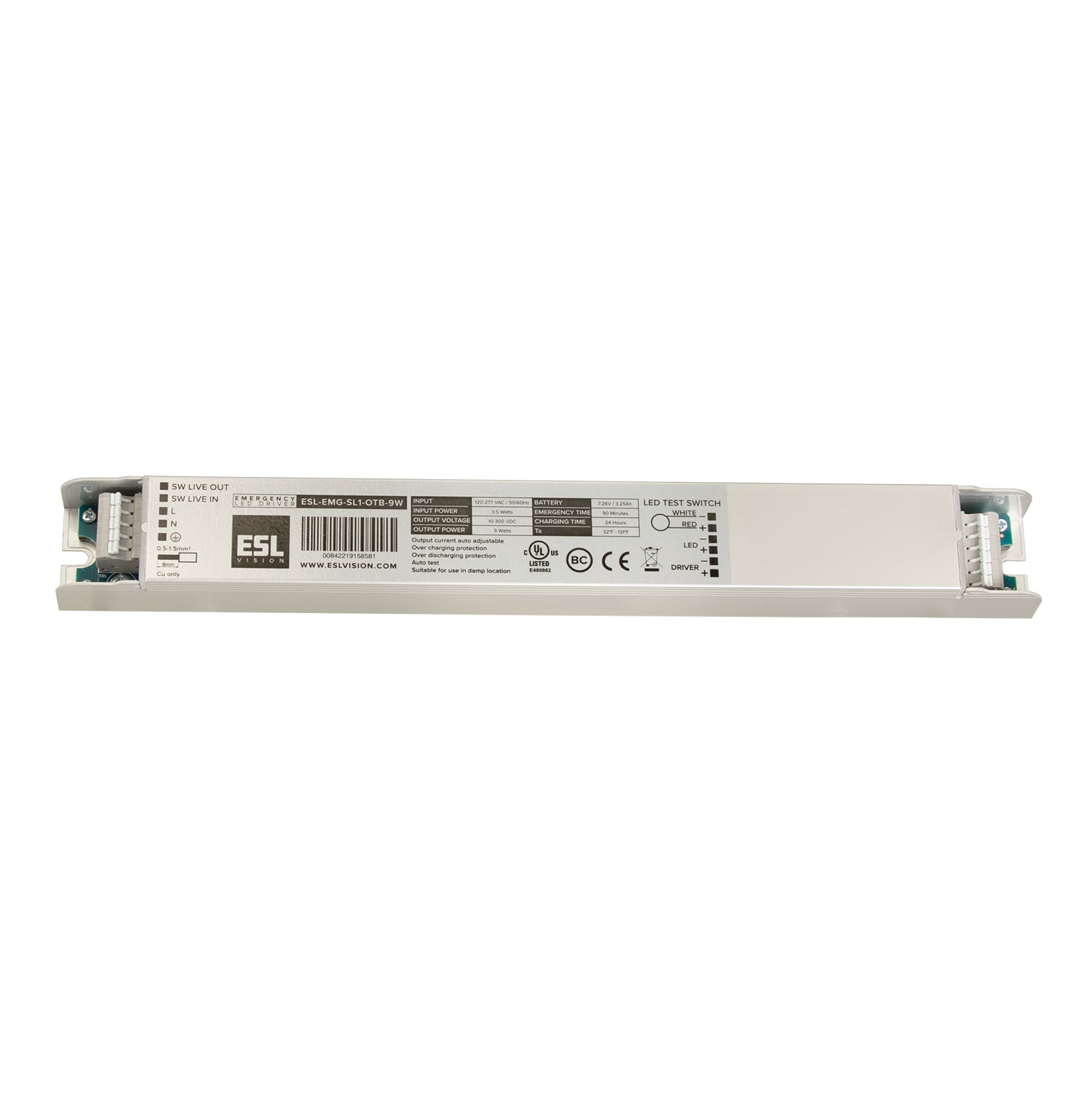 ESL Vision ESL-EMG-SL1-OTB-9W Emergency Backup Battery Unit, Auto Test Function, 9 Watts Ouput, 90 Minutes MIn, Voltage 120-277VAC Input, 10-300VDC Output, Open Terminal Block Wiring