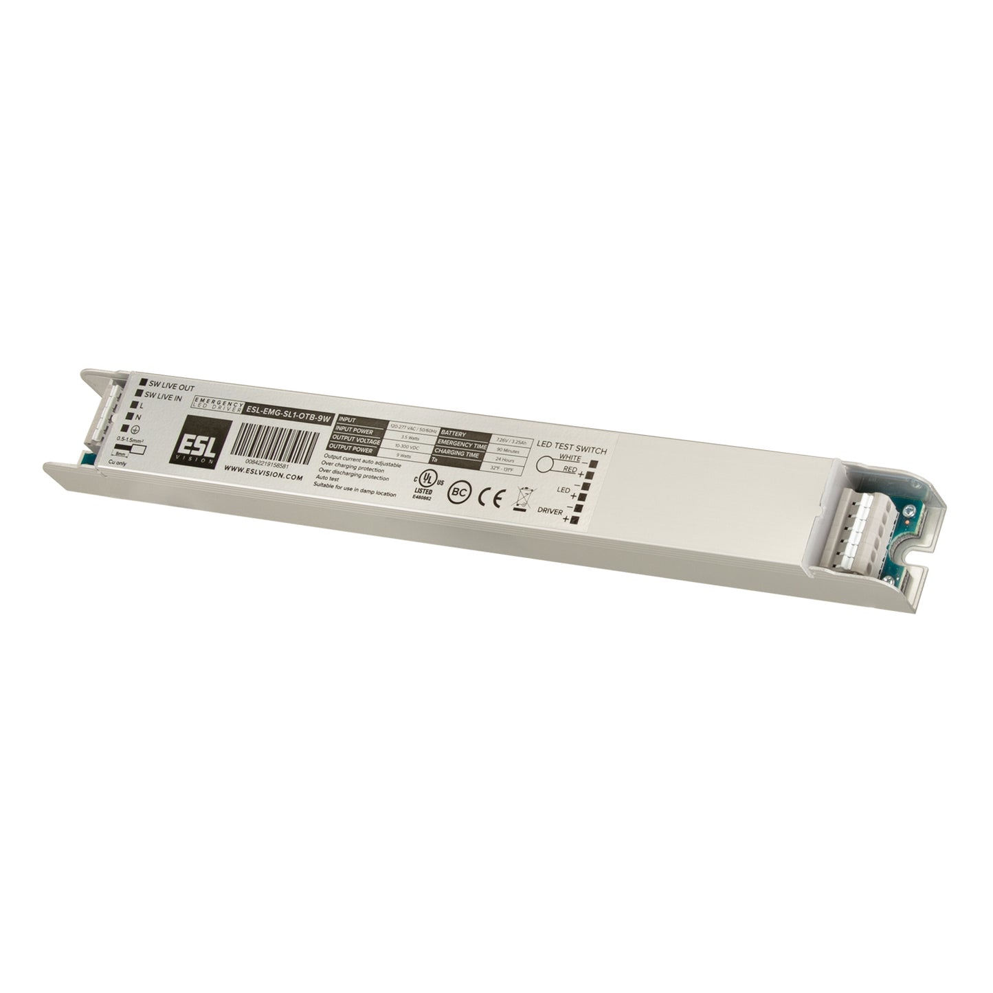 ESL Vision ESL-EMG-SL1-OTB-9W Emergency Backup Battery Unit, Auto Test Function, 9 Watts Ouput, 90 Minutes MIn, Voltage 120-277VAC Input, 10-300VDC Output, Open Terminal Block Wiring