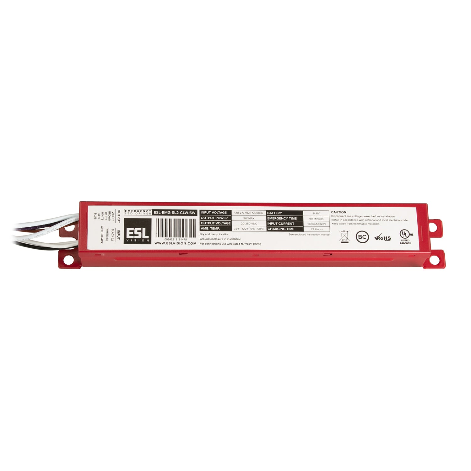 ESL Vision ESL-EMG-SL5-CLW-5W Emergency Backup Battery Unit, Auto Test Function, 5 Watts Output, 90 Minutes MIn, 120-277VAC Input, 20-250VDC Output, Closed Lead Wiring, UL Listed for Factory or Field install