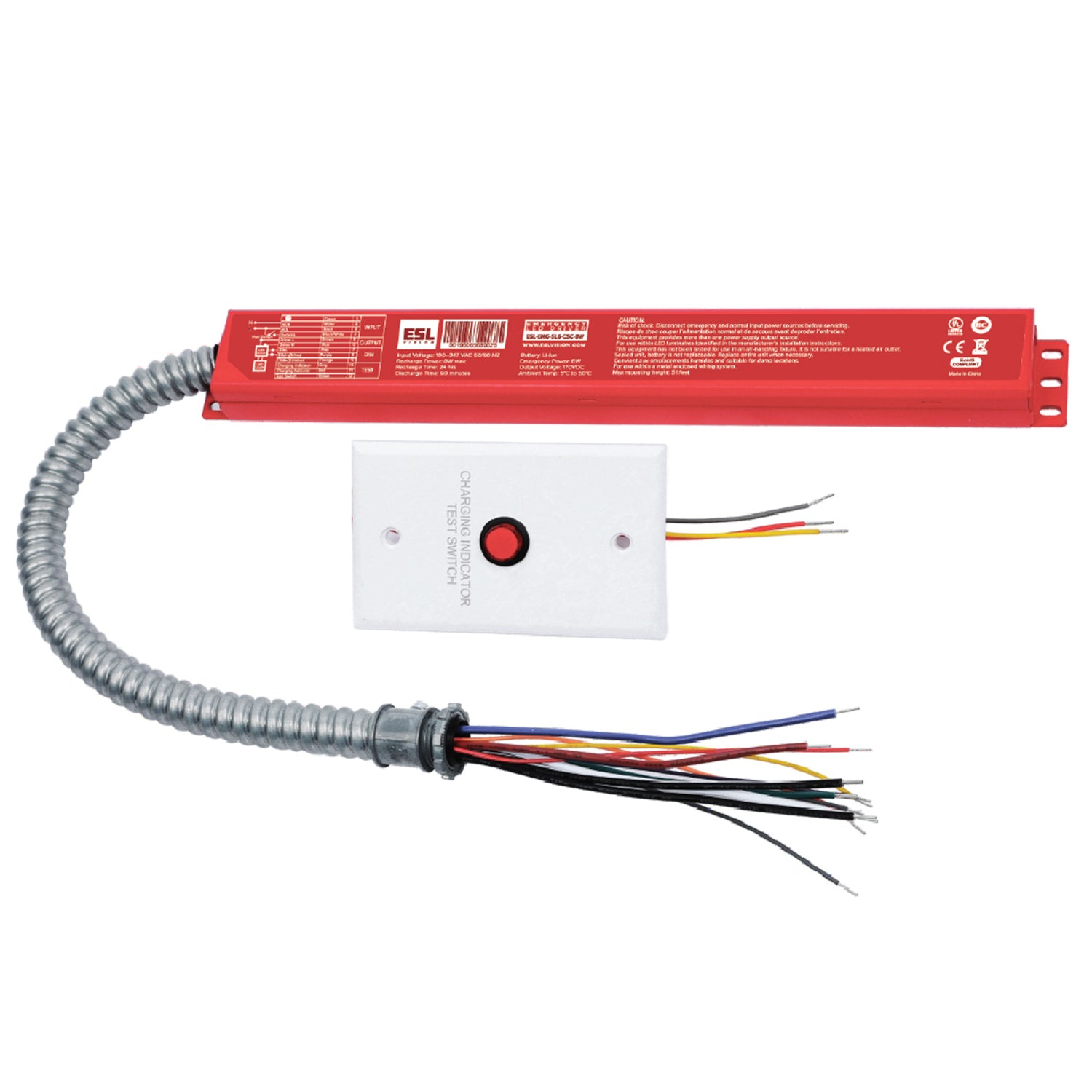 ESL Vision ESL-EMG-SL6-CSC-8W Emergency Backup Battery Unit, Auto Test Function, 8 Watts Output, 90 Minutes MIn, 100-347VAC Input, 170VDC Output, Closed Frame with Flex Conduits , UL Listed for Factory or Field install, Li-ion Battery