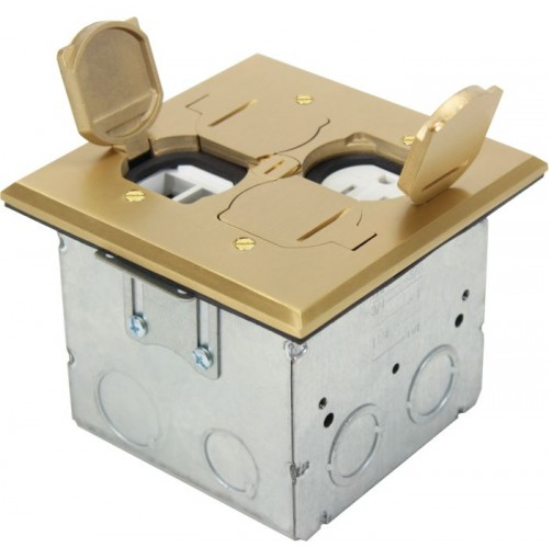 Orbit FLB-DL-BR Adjustable Floor Box Flip Type With 1 Duplex Receptacle and 4 Low-voltage, Square Cover, Brass
