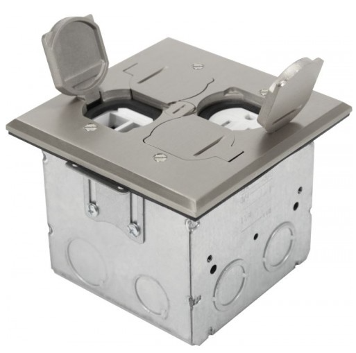 Orbit FLB-DL-SS Adjustable Floor Box Flip Type With 1 Duplex Receptacle and 4 Low-voltage, Square Cover, Stainless Steel