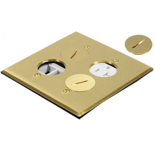 Orbit FLB-R2G-DL-C-BR Floor Box Cover Only Round Plug Type With 1 Duplex Receptacle & 4 Low-voltage, Square Cover, Brass