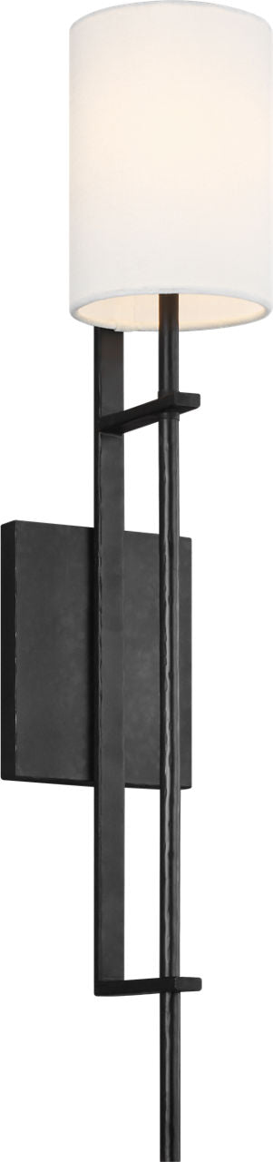 Generation Lighting Ansley 1 light aged iron wall sconce with white linen shade