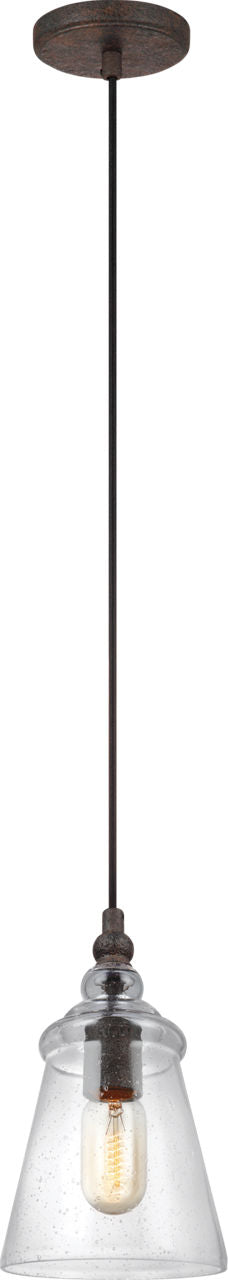 Generation Lighting P1449DWI Loras mini pendant in distressed weathered iron with clear seeded glass