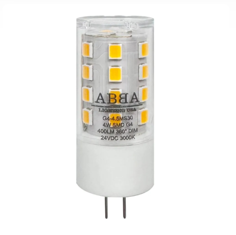 ABBA Lighting USA G4 4W DC 24V 27K Bi-Pin G4 SMD Bulb, Wattage 4W, Color Temperature 2700K, Voltage 24V