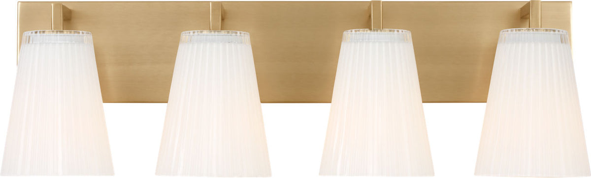 Generation Lighting Upson 4 light satin brass bath vanity wall light with white shades