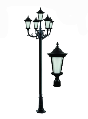 Dabmar Lighting GM1121-L6-30K-B Cast Aluminum 1 Post Top Fixture Pole + Base, E26, Color Temperature 3000K, Black Finish